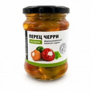 Ассорти  из  перцев  Черри  с  сыром  в  масле  EcoGreece  стекло  250  г